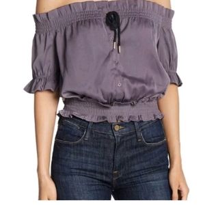 Romeo & Juliet Couture purple off shoulder crop top SZ medium